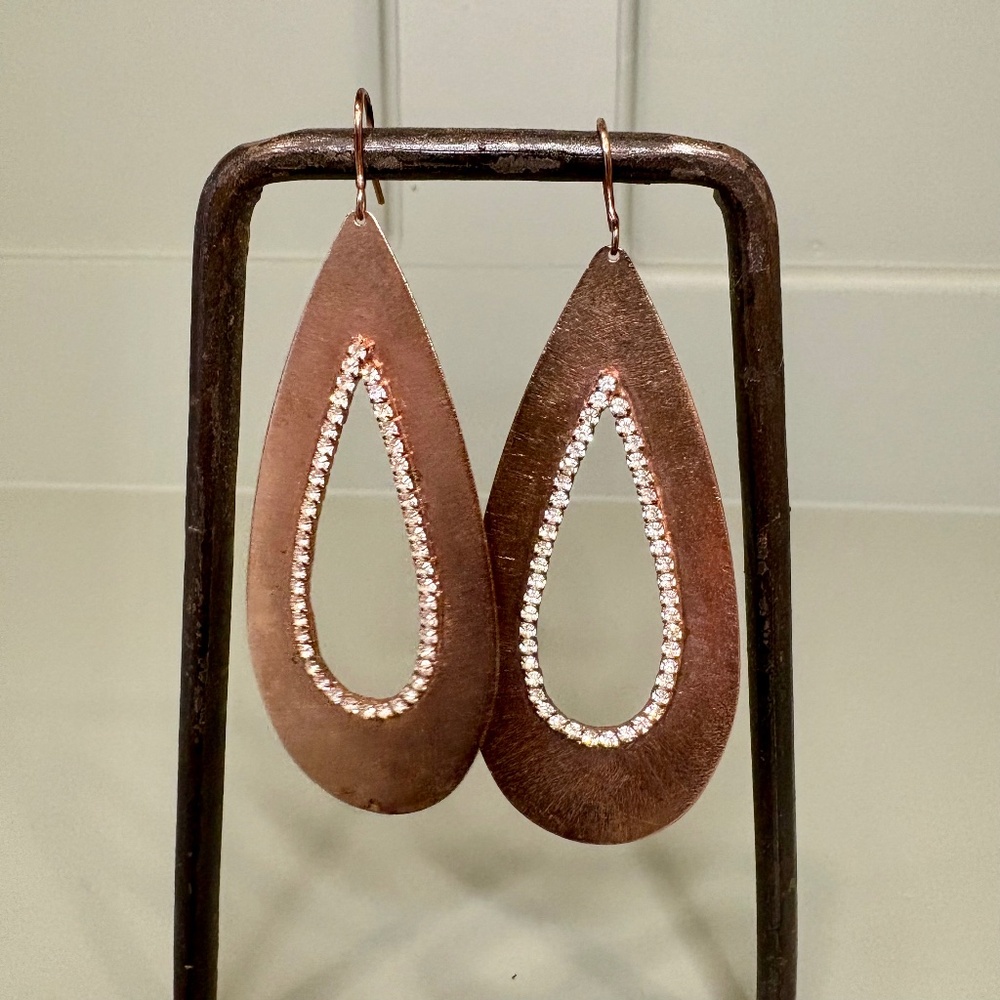 Copper Tone Earrings with a‎ Copper Teardrop with Mini Rhinestones